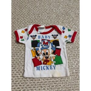 Vintage Disney Babies Mickey Mouse Puzzle Graphic Ringer T-Shirt White Red 0-6M